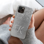 Silver Brushed Metal Glitter Monogram Name iPhone 14 Pro Case<br><div class="desc">Easily personalise this trendy chic phone case design featuring pretty silver sparkling faux glitter on a silver brushed metallic background.</div>