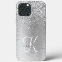 Silver Brushed Metal Glitter Monogram Name