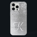 Silver Brushed Metal Glitter Monogram Name iPhone 15 Pro Max Case<br><div class="desc">Easily personalise this trendy chic phone case design featuring pretty silver sparkling glitter on a silver brushed metallic background.</div>