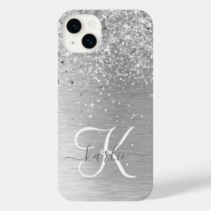 Silver Brushed Metal Glitter Monogram Name iPhone 14 Plus Case