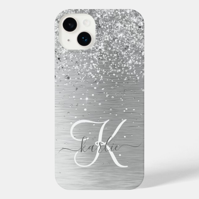  Silver Brushed Metal Glitter Monogram Name iPhone Case (Back)