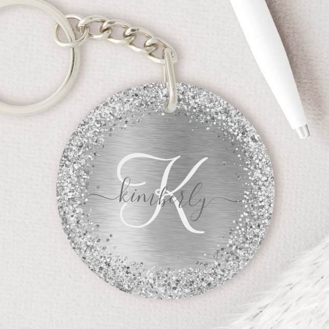 Silver Brushed Metal Glitter Monogram Name Key Ring (Creator Uploaded)