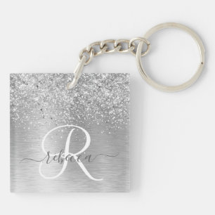 Silver Brushed Metal Glitter Monogram Name Key Ring