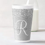 Silver Brushed Metal Glitter Monogram Name Latte Mug<br><div class="desc">Easily personalise this trendy chic latte mug design featuring pretty silver sparkling glitter on a silver brushed metallic background.</div>