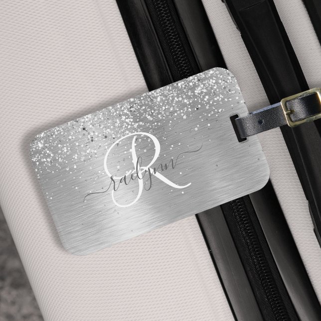 Silver Brushed Metal Glitter Monogram Name Luggage Tag (Creator Uploaded)