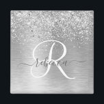 Silver Brushed Metal Glitter Monogram Name Magnet<br><div class="desc">Easily personalize this trendy chic magnet design featuring pretty silver sparkling glitter on a silver brushed metallic background.</div>