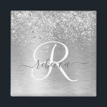 Silver Brushed Metal Glitter Monogram Name Magnet<br><div class="desc">Easily personalize this trendy chic magnet design featuring pretty silver sparkling glitter on a silver brushed metallic background.</div>