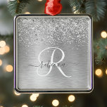 Silver Brushed Metal Glitter Monogram Name Metal Tree Decoration<br><div class="desc">Easily personalise this trendy ornament featuring pretty silver sparkling glitter on a silver brushed metallic background.</div>