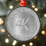 Silver Brushed Metal Glitter Monogram Name Metal Tree Decoration<br><div class="desc">Easily personalize this trendy snowflake framed Christmas ornament design featuring pretty silver sparkling glitter on a silver brushed metallic background.</div>