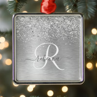 Silver Brushed Metal Glitter Monogram Name