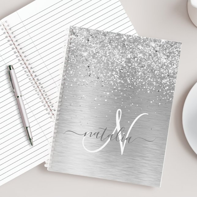 Silver Brushed Metal Glitter Monogram Name Notebook (Creator Uploaded)