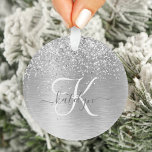 Silver Brushed Metal Glitter Monogram Name Ornament<br><div class="desc">Easily personalise this trendy ornament featuring pretty silver sparkling glitter on a silver brushed metallic background.</div>