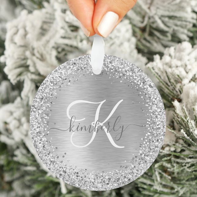 Silver Brushed Metal Glitter Monogram Name Ornament (Creator Uploaded)