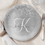 Silver Brushed Metal Glitter Monogram Name Paper Plate<br><div class="desc">Easily personalise this trendy chic paper plates design featuring pretty silver sparkling glitter on a silver brushed metallic background.</div>