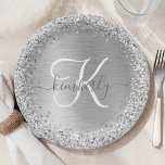 Silver Brushed Metal Glitter Monogram Name Paper Plate<br><div class="desc">Easily personalise this trendy chic paper plate design featuring pretty silver sparkling glitter on a silver brushed metallic background.</div>