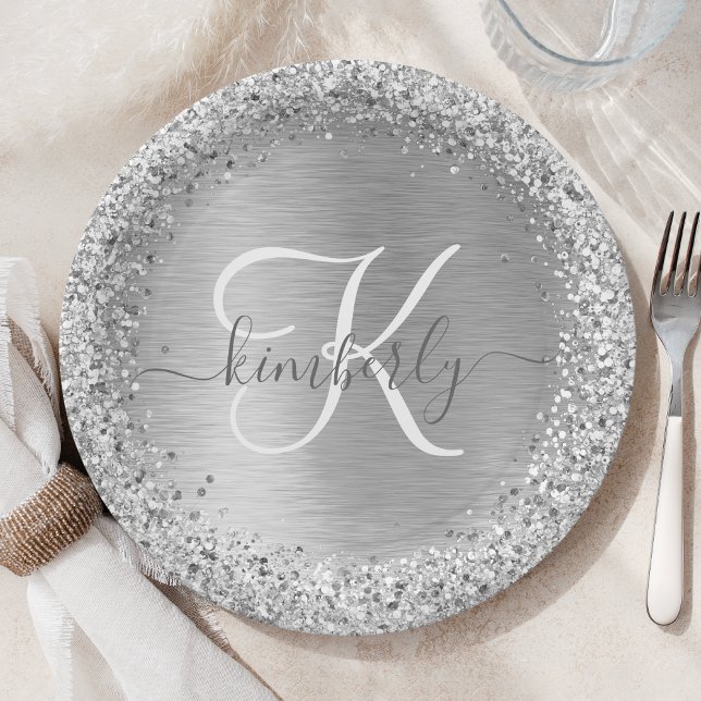 Silver Brushed Metal Glitter Monogram Name Paper Plate (Creator Uploaded)