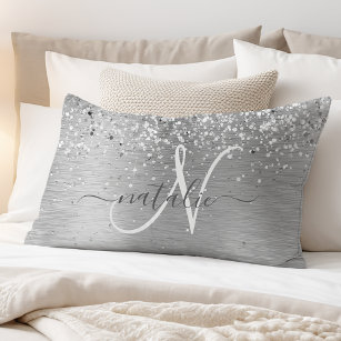 Silver Brushed Metal Glitter Monogram Name Pillowcase