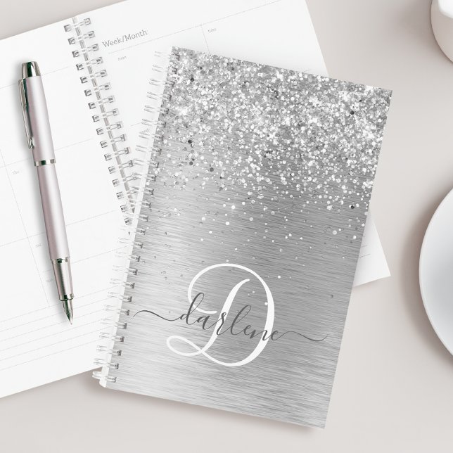 Silver Brushed Metal Glitter Monogram Name Planner (Creator Uploaded)