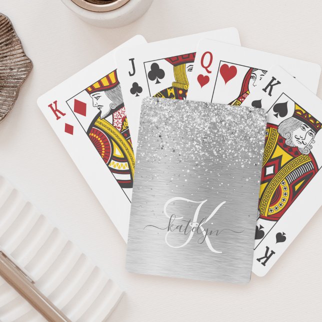 Silver Brushed Metal Glitter Monogram Name Playing Cards (Creator Uploaded)