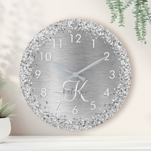 Silver Brushed Metal Glitter Monogram Name Round Clock