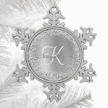 Silver Brushed Metal Glitter Monogram Name Snowflake Pewter Christmas Ornament<br><div class="desc">Easily personalise this trendy snowflake framed Christmas ornament design featuring pretty silver sparkling glitter on a silver brushed metallic background.</div>
