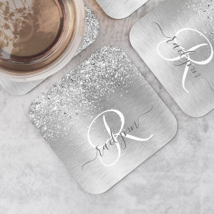 Silver Brushed Metal Glitter Monogram Name Square Paper Coaster