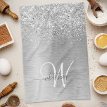 Silver Brushed Metal Glitter Monogram Name Tea Towel<br><div class="desc">Easily personalise this trendy chic kitchen towel design featuring pretty silver sparkling glitter on a silver brushed metallic background.</div>