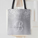 Silver Brushed Metal Glitter Monogram Name Tote Bag<br><div class="desc">Easily personalise this trendy chic tote bag design featuring pretty silver sparkling glitter on a silver brushed metallic background.</div>