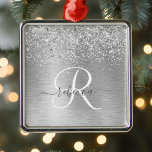 Silver Brushed Metal Glitter Monogram Name Tree Decoration<br><div class="desc">Easily personalise this trendy ornament featuring pretty silver sparkling glitter on a silver brushed metallic background.</div>