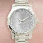 Silver Brushed Metal Glitter Monogram Name Watch<br><div class="desc">Easily personalise this trendy chic watch design featuring pretty silver sparkling glitter on a silver brushed metallic background.</div>