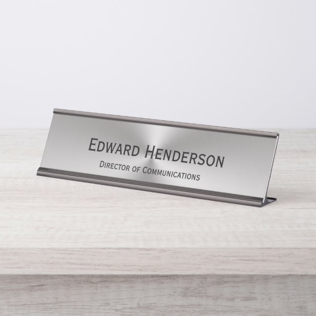 Silver Brushed Metal Look Your Name and Job Title Desk Name Plate (Front)