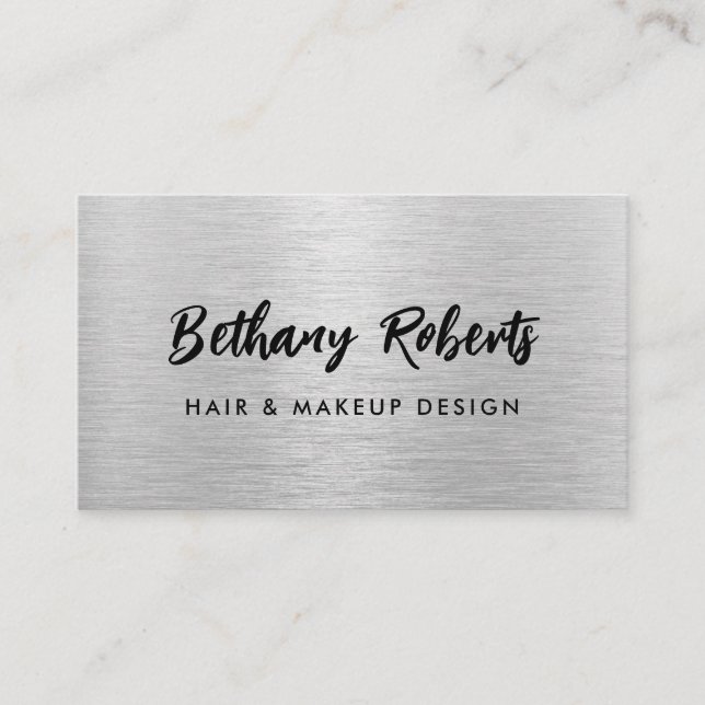 Silver Brushed Metal Modern Script Hair and Makeup Business Card (Front)