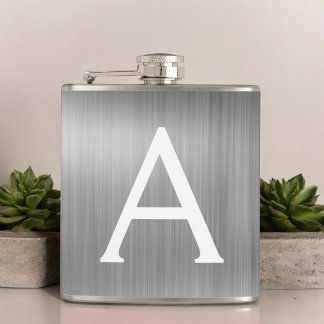 Silver Brushed Metal Monogram Name and Initial Hip Flask