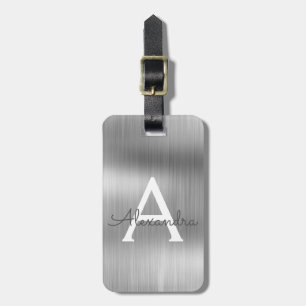 Silver Brushed Metal Monogram Name and Initial Luggage Tag