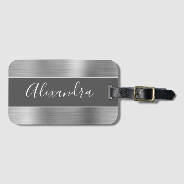 Silver Brushed Metal Monogram Name Luggage Tag (Front Horizontal)