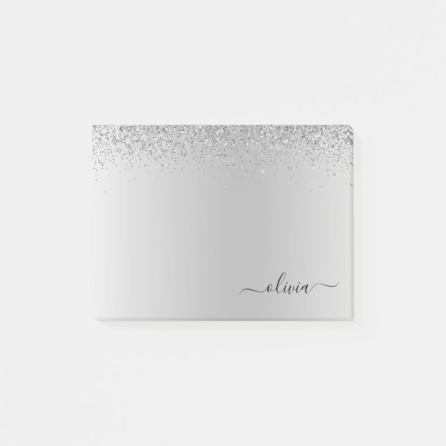 Silver Brushed Metal Monogram Name Post-it Notes (Front)