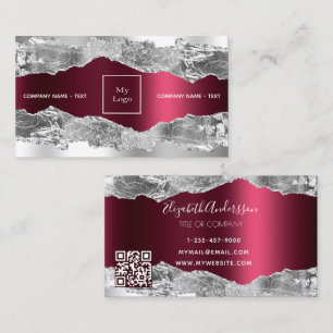 Silver burgundy agate marble logo QR code Business Card