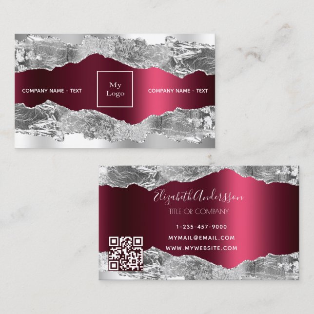 Silver burgundy agate marble logo QR code Business Card (Front/Back)