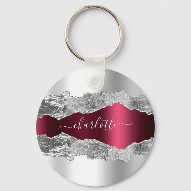 Silver burgundy agate marble name key ring (Front)