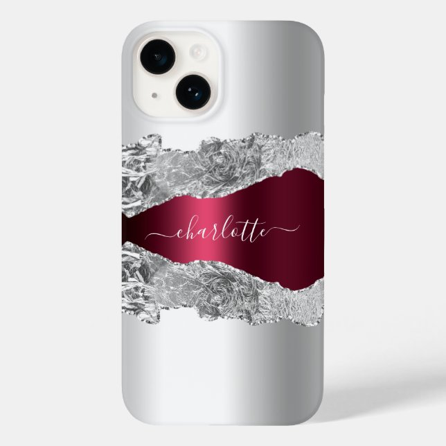 Silver burgundy agate marble name script Case-Mate iPhone case (Back)