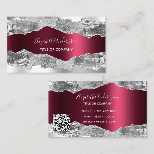 Silver burgundy agate marble QR code Business Card (Front/Back)