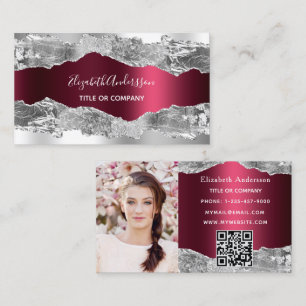 Silver burgundy agate marble QR code photo Business Card