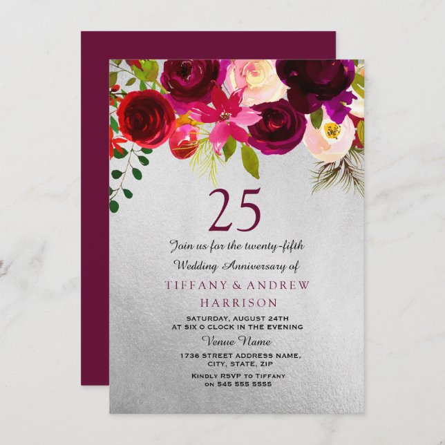 Silver & Burgundy Floral 25th Wedding Anniversary Invitation (Front/Back)