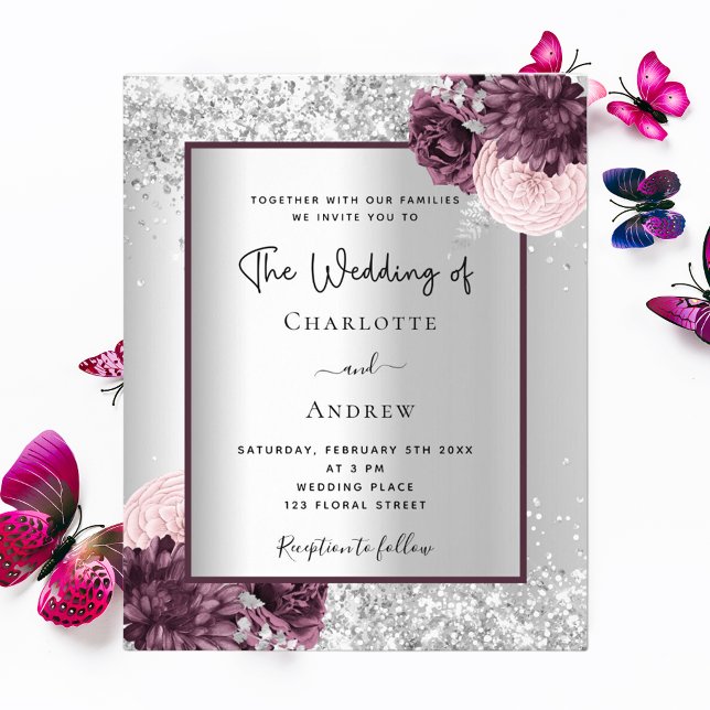 Silver burgundy floral budget wedding invitation flyer (Creator Uploaded)