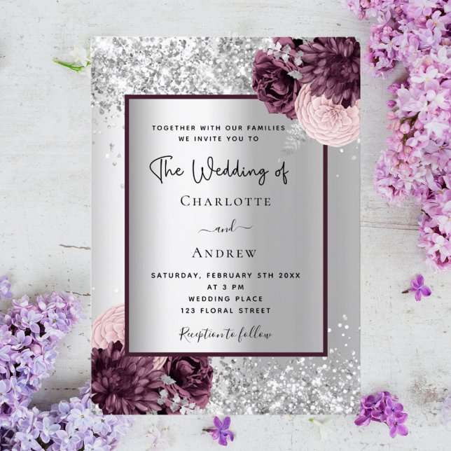 Silver burgundy floral elegant wedding invitation (Creator Uploaded)
