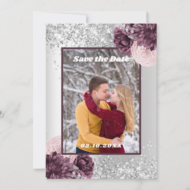Silver burgundy floral photo Save the Date wedding (Front)