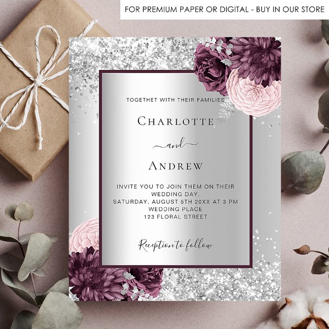 Silver burgundy floral wedding invitation (Creator Uploaded)