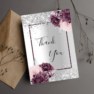 Silver burgundy florals elegant glamourous thank you card