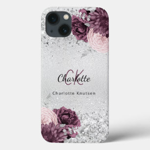 Silver burgundy florals elegant monogram name iPhone 13 case
