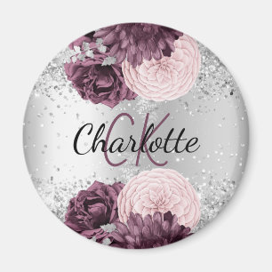 Silver burgundy florals elegant monogram name magnet
